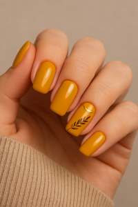 A close-up of a woman’s hand with golden mustard yellow nail polish, featuring a glossy finish and delicate black leaf nail art details. - easy winter nail
