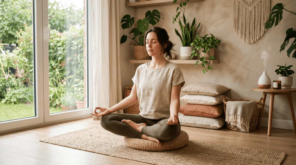  Woman practicing yoga breathing techniques in a calm home yoga space with natural light and indoor plants