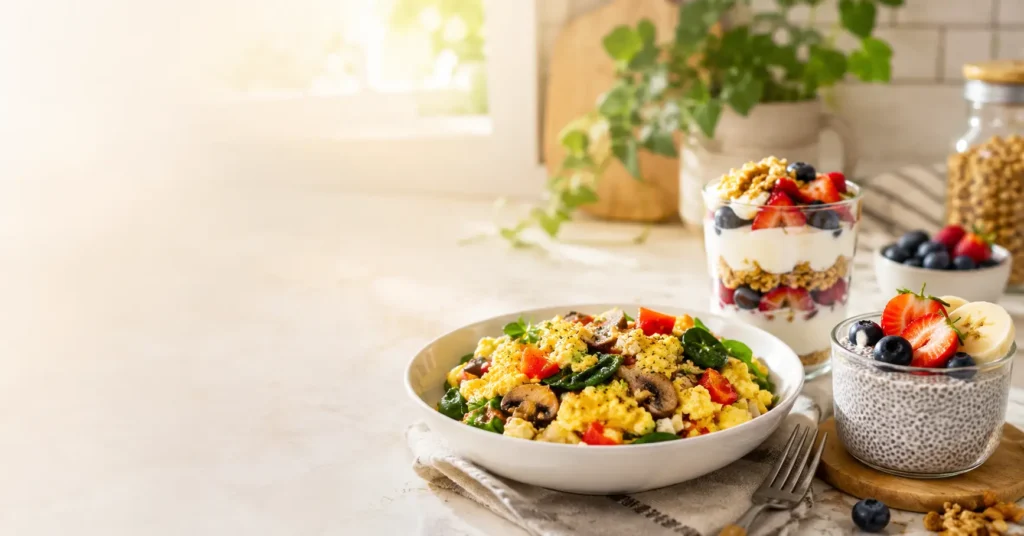 healthy breakfast options with veggie & egg scramble, yogurt parfait with granola and fruit, and chia seed pudding on a cozy kitchen counter with natural morning light