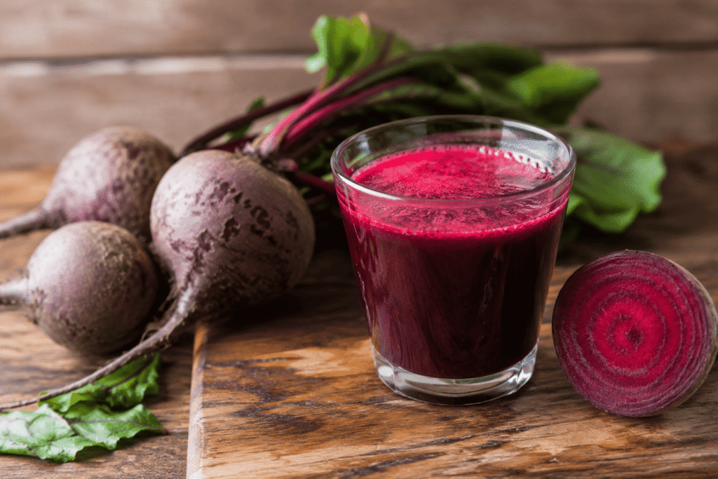 Beetroot shots on the kitchen counter for a healthy morning drink.