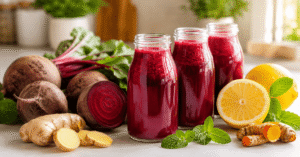 Beetroot shots with ginger, lemon, turmeric, and mint on a bright kitchen counter for a healthy morning drink.