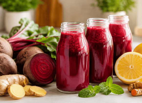 Beetroot shots with ginger, lemon, turmeric, and mint on a bright kitchen counter for a healthy morning drink.