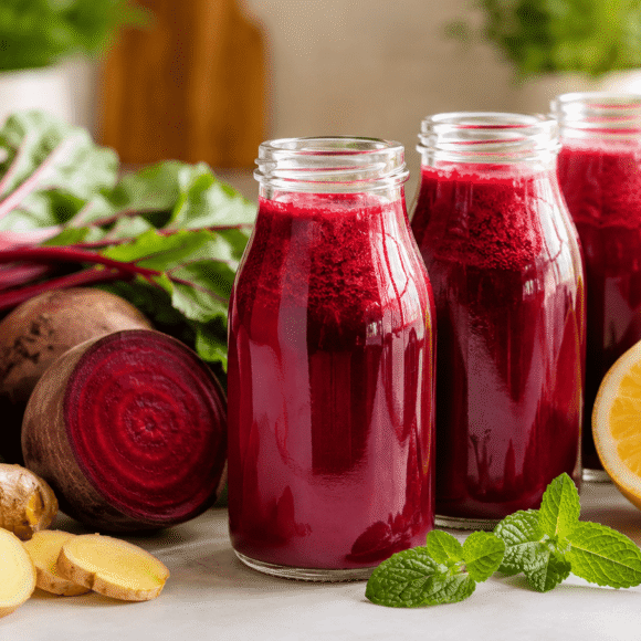 Beetroot shots with ginger, lemon, turmeric, and mint on a bright kitchen counter for a healthy morning drink.