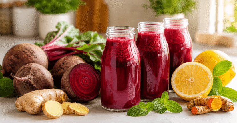 Beetroot shots with ginger, lemon, turmeric, and mint on a bright kitchen counter for a healthy morning drink.