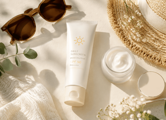 Best sunscreen flat lay with sunscreen tube, moisturizer, sunglasses, sun hat, and botanicals in soft morning light.