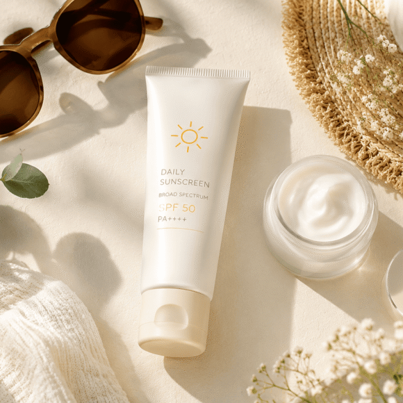 Best sunscreen flat lay with sunscreen tube, moisturizer, sunglasses, sun hat, and botanicals in soft morning light.