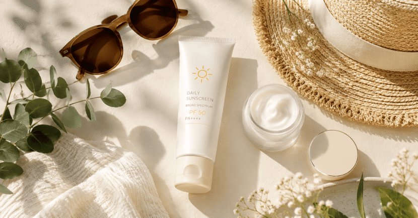 Best sunscreen flat lay with sunscreen tube, moisturizer, sunglasses, sun hat, and botanicals in soft morning light.