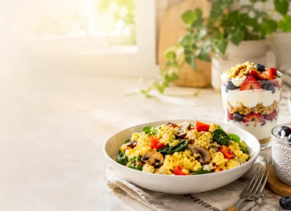 healthy breakfast options with veggie & egg scramble, yogurt parfait with granola and fruit, and chia seed pudding on a cozy kitchen counter with natural morning light
