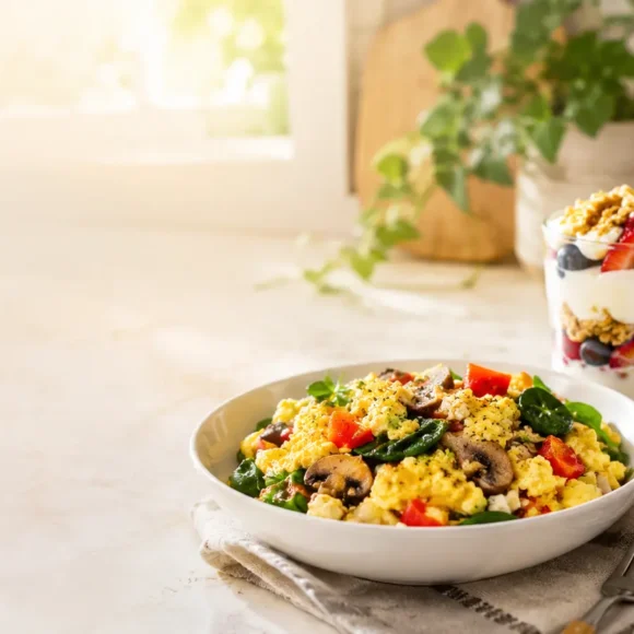 healthy breakfast options with veggie & egg scramble, yogurt parfait with granola and fruit, and chia seed pudding on a cozy kitchen counter with natural morning light