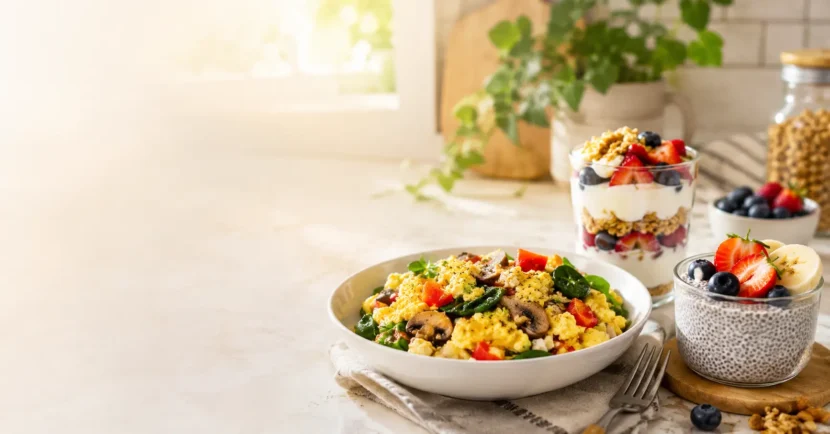 healthy breakfast options with veggie & egg scramble, yogurt parfait with granola and fruit, and chia seed pudding on a cozy kitchen counter with natural morning light
