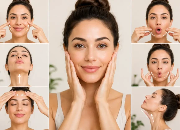 Face yoga exercises for younger-looking skin with facial massage poses and lifting movements.