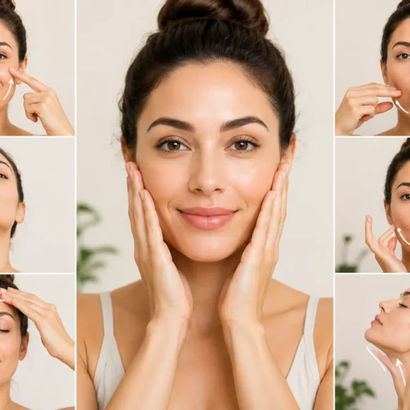 Face yoga exercises for younger-looking skin with facial massage poses and lifting movements.
