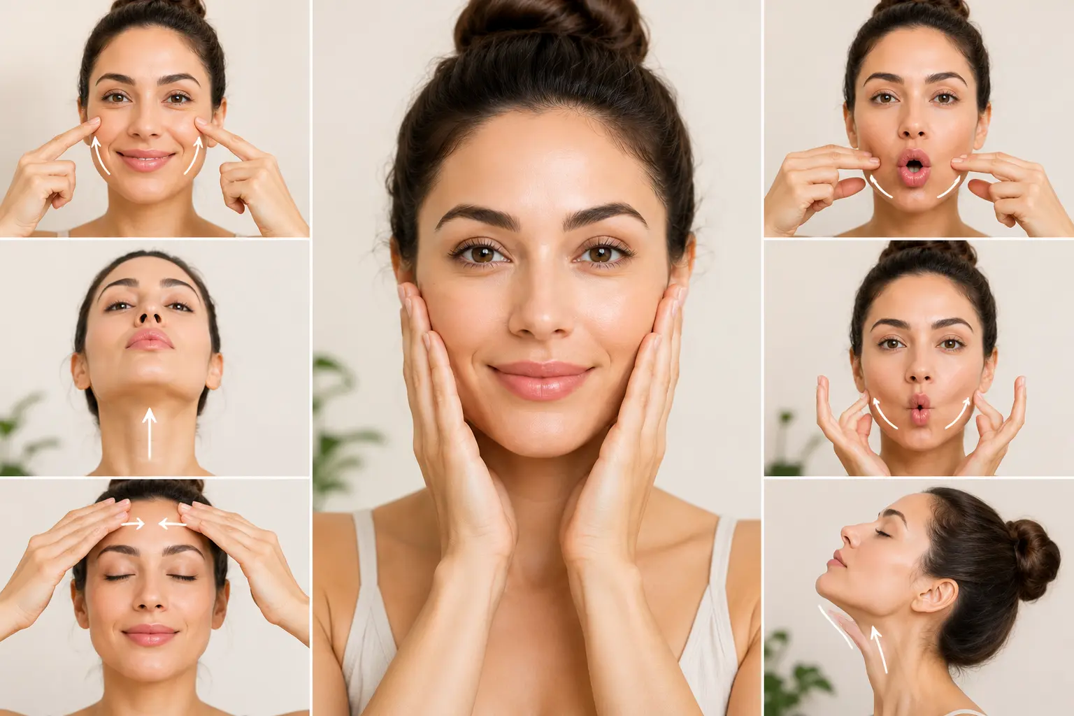 Face yoga exercises for younger-looking skin with facial massage poses and lifting movements.