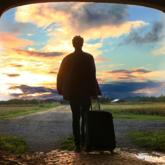 Benefits of travelling shown by a solo traveler with luggage walking toward a peaceful sunset countryside road.