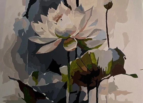 Abstract floral painting with white flowers, green leaves, and dark contrasting brushstrokes on canvas.
