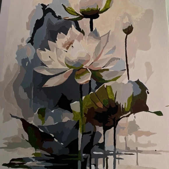 Abstract floral painting with white flowers, green leaves, and dark contrasting brushstrokes on canvas.