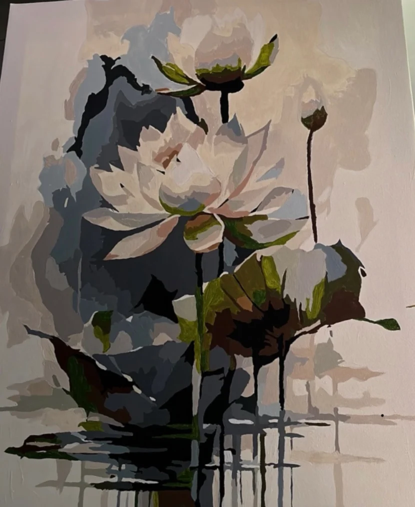 Painting as a Hobby: Why Adults Are Returning to Creative Activities Abstract floral painting with white flowers, green leaves, and dark contrasting brushstrokes on canvas.