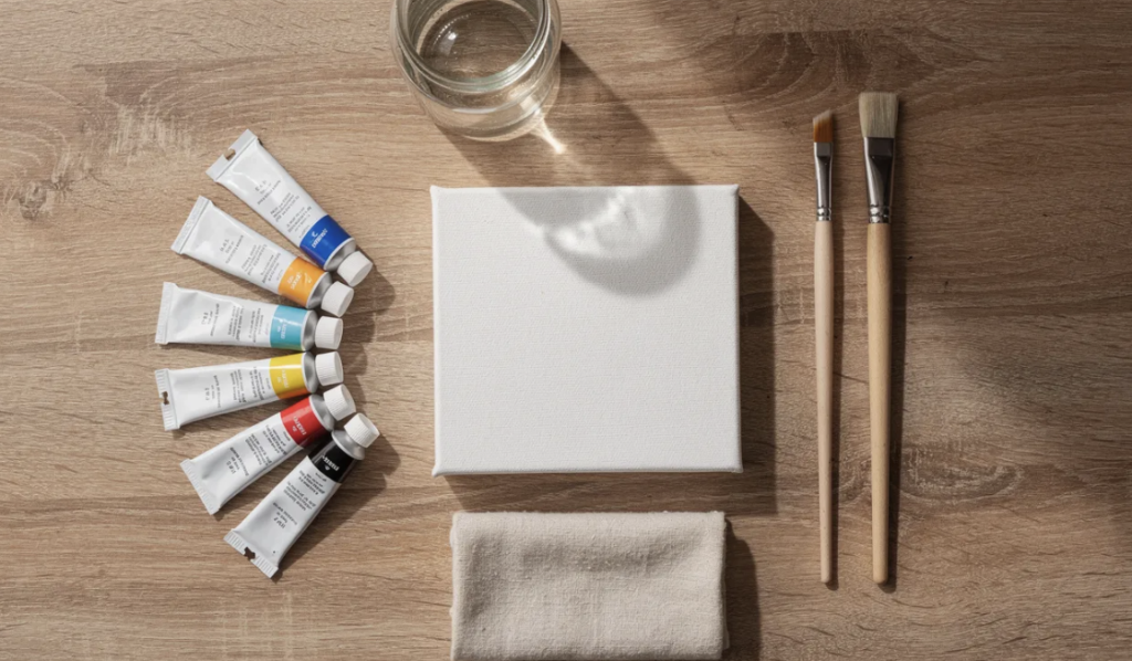 The image features a flat lay of a small acrylic painting kit arranged neatly on a wooden table, showcasing paint tubes, two brushes, a small canvas, a water jar, and a folded cloth, perfect for beginner painters looking to start their creative journey. The vibrant colors of the acrylic paint and the various tools highlight the essentials for the painting process.