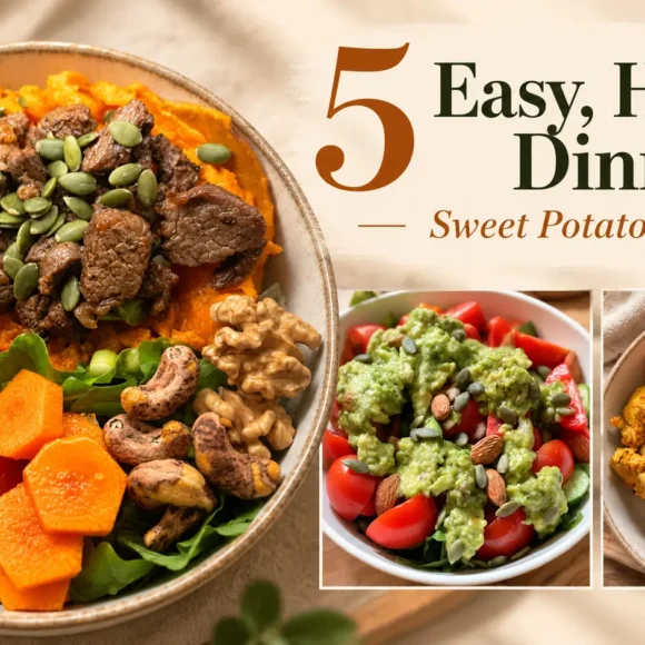 Five easy healthy sweet potato recipes for dinner featuring homemade chicken, beef, rice and fresh vegetable dishes.