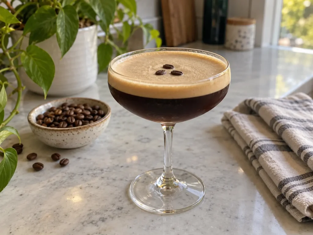 Easy cocktail recipes at home featuring a homemade Espresso Martini with coffee bean garnish