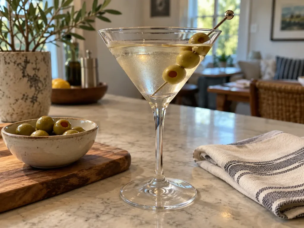 Easy cocktail recipes at home featuring a classic Martini with green olive garnish