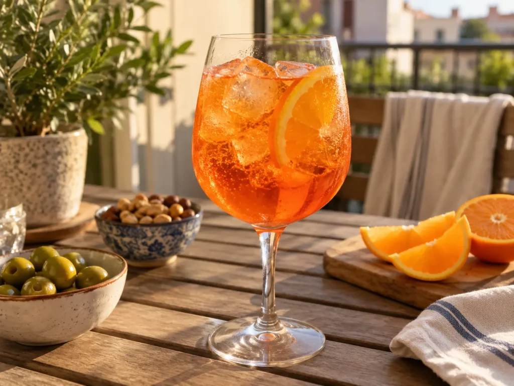 Easy cocktail recipes at home featuring a refreshing Aperol Spritz with orange slice and ice