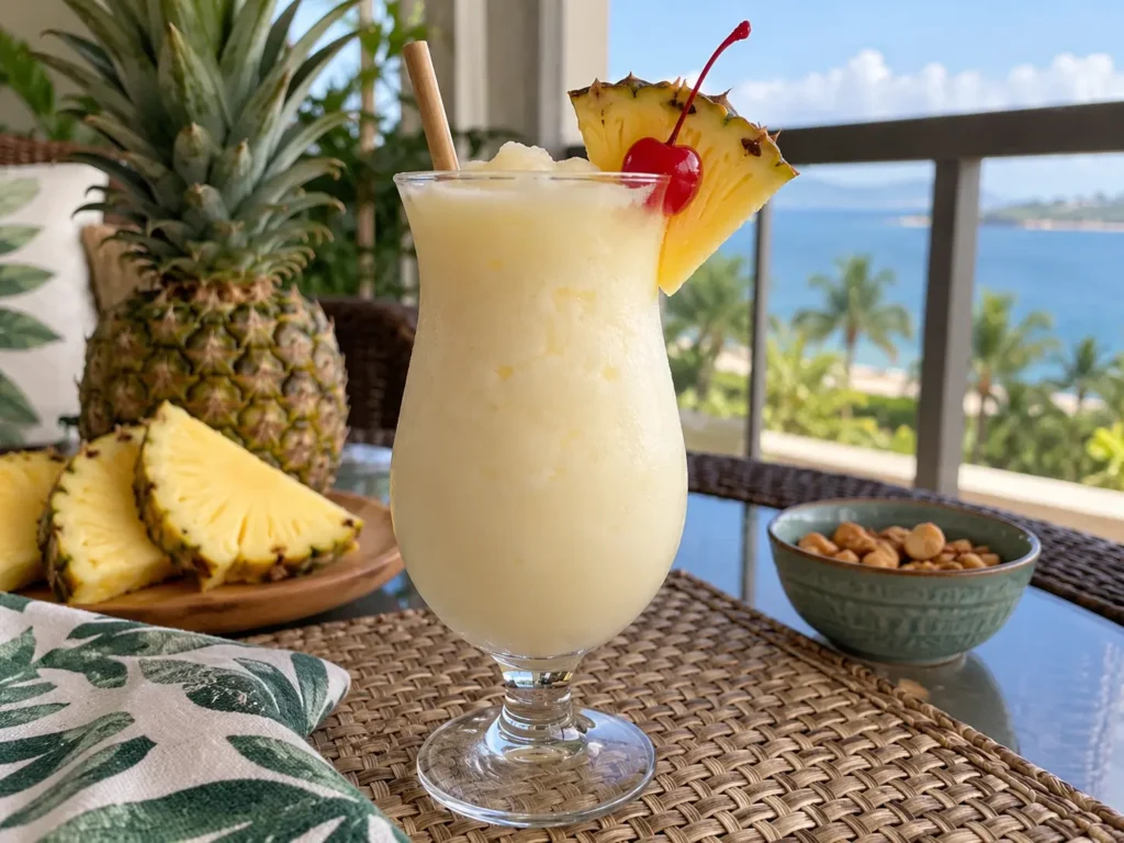 Easy cocktail recipes at home featuring a creamy Piña Colada with pineapple and cherry garnish