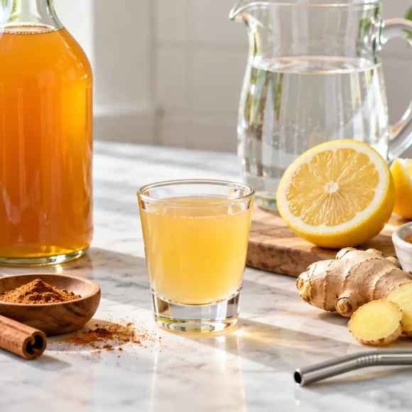 Homemade apple cider vinegar shot with lemon, honey, ginger, and cinnamon, served alongside fresh ingredients and water.