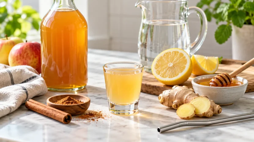 Homemade apple cider vinegar shot with lemon, honey, ginger, and cinnamon, served alongside fresh ingredients and water.