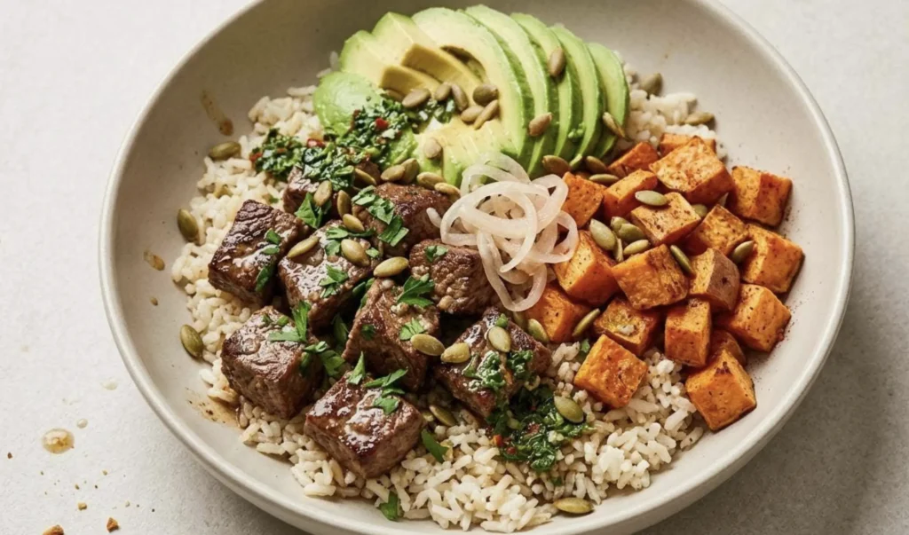 Healthy chicken and sweet potato recipes rice bowl with meat, sweet potato cubes, onion and sliced avocado.
