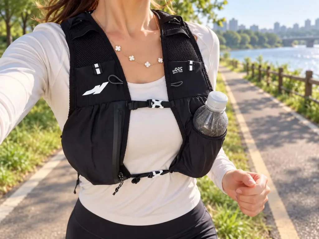 Woman wearing a black hydration vest while running along a scenic waterfront trail, enjoying Antalya running and outdoor fitness.