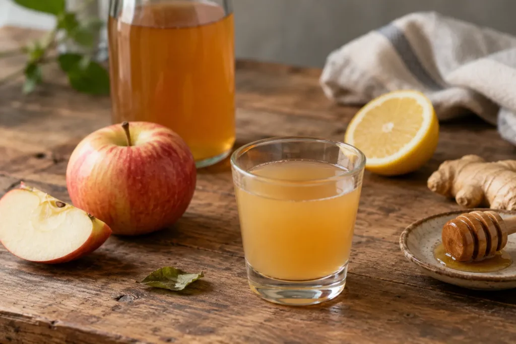 Homemade apple cider vinegar shot recipes in a small glass with fresh apples, lemon, ginger, and honey on a rustic wooden table.